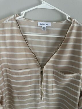 Calvin Klein Beige and White Striped Zip-Front Blouse